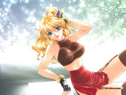 Rule 34 | 1girl, arumacchi, banpresto, blonde hair, blue eyes, breasts, buckle, excellen browning, fingerless gloves, from side, garter straps, gloves, large breasts, long hair, looking at viewer, looking to the side, midriff, navel, solo, stomach, super robot wars