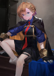 Rule 34 | 1girl, alchemy stars, black dress, black gloves, black jacket, blazpu, blonde hair, blue eyes, blue shirt, boots, breasts, closed mouth, collared shirt, dress, fingerless gloves, gloves, hair ornament, highres, jacket, jacket on shoulders, leg up, looking at viewer, necktie, pouch, red necktie, shirt, sitting, sleeves rolled up, small breasts, solo, tessa (alchemy stars), thigh strap
