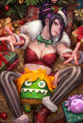 Rule 34 | 1girl, alternate costume, black hair, blanka-chan, bow, bowtie, box, breasts, character doll, christmas, christmas ornaments, christmas tree, cleavage, closed mouth, commentary, detached sleeves, english commentary, fur-trimmed footwear, fur-trimmed sleeves, fur trim, gift, gift box, green bow, green bowtie, hair horns, han juri, highres, lips, looking at viewer, medium breasts, mega man (character), mega man (series), miche, midriff, multicolored hair, outstretched arms, pink lips, purple eyes, purple hair, reaching, reaching towards viewer, red footwear, red shorts, red tank top, short hair, short shorts, shorts, sitting, solo, street fighter, street fighter 6, striped clothes, striped thighhighs, tank top, thighhighs, two-tone hair