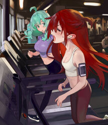 Rule 34 | 2girls, 3boys, ahoge, airpods, bare shoulders, black footwear, black pants, blush, breasts, cellphone, cleavage, closed eyes, commentary, cropped shirt, english commentary, exercising, exhausted, green eyes, green hair, gym, highres, hipa (some1else45), indoors, large breasts, long hair, medium breasts, midriff, multiple boys, multiple girls, nahia (some1else45), open mouth, original, pants, phone, profile, purple shirt, red hair, red pants, romaji commentary, running, shirt, shoes, smartphone, sneakers, some1else45, sports bra, sweatdrop, teeth, treadmill, upper teeth only, very long hair, white sports bra, wireless earphones, yoga pants