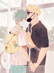 2boys 5mll3 backpack bag bakugou_katsuki bicycle black-framed_eyewear black_shirt blonde_hair boku_no_hero_academia bracelet broccoli building closed_eyes collared_shirt couple cowboy_shot cropped_legs face_in_hair fanny_pack glasses green_eyes green_hair green_shorts high_collar holding_hands jewelry kiss kissing_forehead looking_at_viewer male_focus mask midoriya_izuku mouth_mask multiple_boys multiple_bracelets multiple_scars open_clothes open_shirt scar scar_on_arm scar_on_hand shirt short_sleeves shorts spiked_hair sticker striped_clothes striped_shorts sunglasses t-shirt tree undershirt vertical-striped_clothes vertical-striped_shorts white_shirt window yaoi