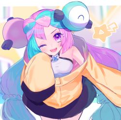 Rule 34 | 1girl, ;d, abe (kumayu), absurdres, blush, breasts, character hair ornament, commentary, creatures (company), game freak, green hair, hair ornament, hand up, highres, iono (pokemon), jacket, long hair, medium breasts, multicolored hair, nintendo, one eye closed, open mouth, pokemon, pokemon sv, purple eyes, purple hair, sharp teeth, shirt, sleeveless, sleeveless shirt, sleeves past fingers, sleeves past wrists, small breasts, smile, solo, star (symbol), star in eye, symbol-only commentary, symbol in eye, teeth, tongue, twintails, two-tone hair, upper teeth only, white shirt, yellow jacket
