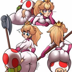 Rule 34 | ..., 1boy, 1girl, artist name, ass, ass grab, backboob, blonde hair, blue eyes, bodysuit, bored, breasts, crown, face in ass, gloves, hand on own hip, happy, head rest, highres, huge ass, large breasts, lips, looking at viewer, lying, mario (series), mushroom, nintendo, on stomach, pink bodysuit, pink gloves, ponytail, princess, princess peach, sidelocks, simple background, sitting, sitting on person, smile, the super mario bros. movie, thick thighs, thighs, thumbs up, toad (mario), unimpressed, vekkoon, white background, wide hips