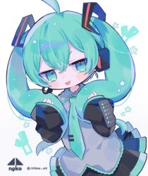 Rule 34 | 1girl, :p, absurdres, ahoge, aqua eyes, aqua hair, aqua necktie, artist logo, black skirt, black sleeves, blush stickers, closed mouth, collared shirt, commentary request, cotono (nazekun), cowboy shot, crossed bangs, grey shirt, hair between eyes, hands up, hatsune miku, headset, highres, holding, holding own hair, long hair, looking at viewer, miniskirt, necktie, pleated skirt, revision, shirt, skirt, sleeves past wrists, solo, spring onion, star (symbol), tie clip, tongue, tongue out, twintails, twitter username, v-shaped eyebrows, vocaloid, white background