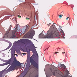 Rule 34 | 4girls, blue eyes, blush, bow, brown hair, commentary, doki doki literature club, fang, green eyes, hair bow, hair ornament, hairclip, hand up, highres, index finger raised, long hair, long sleeves, looking at viewer, m1stm1, monika (doki doki literature club), multiple girls, natsuki (doki doki literature club), neck ribbon, open mouth, orange hair, parted lips, pink eyes, pink hair, ponytail, portrait, purple eyes, purple hair, red bow, red neckwear, ribbon, sayori (doki doki literature club), school uniform, short hair, simple background, smile, teeth, two side up, upper body, upper teeth only, white background, white ribbon, x hair ornament, yuri (doki doki literature club)