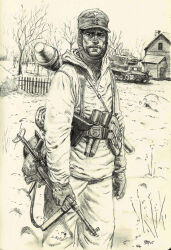 Rule 34 | 1boy, ammunition pouch, arm at side, armored vehicle, bag, bare tree, belt, belt buckle, buckle, building, carrying, commentary, cowboy shot, day, english commentary, english text, explosive, fence, german army, gloves, grenade, greyscale, gun, gun sling, hat, head scarf, holding, holding gun, holding weapon, holster, hood, hood down, hooded jacket, house, jacket, jesusfood, load bearing equipment, long sleeves, looking away, looking to the side, m43 field cap, male focus, military, military hat, military uniform, military vehicle, monochrome, motor vehicle, mp40, original, outdoors, pants, panzerfaust, parted lips, pouch, shaded face, sketch, snow, soldier, solo, stick grenade, stielhandgranate, submachine gun, traditional media, tree, uniform, vehicle request, weapon, weapon on back, winter, winter uniform, world war ii