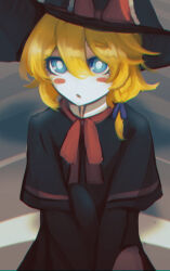 Rule 34 | 1girl, :o, black capelet, black gloves, black hat, blonde hair, blue eyes, blush stickers, bow, bowtie, braid, bright pupils, capelet, commentary request, cookie (touhou), elbow gloves, expressionless, gloves, hair between eyes, hair bow, hat, hat bow, highres, kirisame marisa, long bangs, looking at viewer, lsnsn, meguru (cookie), open mouth, purple bow, red bow, red bowtie, side braid, single braid, solo, touhou, upper body, white pupils, witch hat