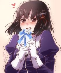 Rule 34 | 10s, 1girl, black hair, blush, box, brown eyes, commentary request, dated, gift, gift box, gloves, haguro (kancolle), hair ornament, harunonanashiki, heart, kantai collection, open mouth, short hair, solo, tears, trembling, uniform, white day
