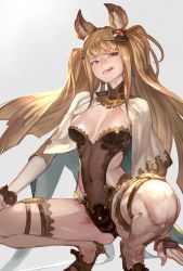 Rule 34 | 10s, 1girl, :q, animal ears, arm warmers, black leotard, blunt bangs, breasts, brown eyes, brown hair, cape, cleavage, collar, covered navel, erune, fox ears, granblue fantasy, grey background, head tilt, headgear, highres, lack, legs apart, leotard, long hair, looking at viewer, medium breasts, metera (granblue fantasy), mole, mole under mouth, parted lips, sidelocks, simple background, skin tight, solo, squatting, strapless, strapless leotard, teeth, thighhighs, tongue, tongue out, twintails, very long hair, white cape, white thighhighs