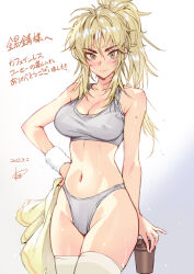 Rule 34 | &gt;:), 1girl, bare arms, bare shoulders, blonde hair, breasts, cleavage, cowboy shot, crop top, gradient background, grey background, grey eyes, grey panties, hair between eyes, hand on own hip, highres, large breasts, long hair, looking at viewer, matsuda (matsukichi), messy hair, midriff, navel, original, panties, ponytail, solo, standing, stomach, thighs, translation request, underwear, v-shaped eyebrows