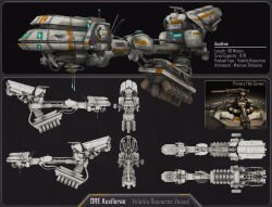 Rule 34 | 3d, absurdres, auxilirae, cannon, character sheet, collaboration, commentary, concept art, damaged, eve online, frigate (eve online), from side, glowing, grey theme, highres, industrial ship (eve online), machinery, military vehicle, multiple views, no humans, original, outer ring excavations (eve online), radio antenna, realistic, science fiction, spacecraft, terry maranda, thrusters, turret, vehicle focus, wesley knee