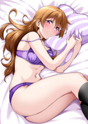Rule 34 | 1girl, ass, bare arms, bare shoulders, bed sheet, black socks, blush, bra, breasts, brown hair, closed mouth, commentary request, feet out of frame, groin, hair between eyes, hair ornament, hair spread out, hairclip, highres, kneehighs, konoe kanata, legs together, long hair, looking at viewer, love live!, love live! nijigasaki high school idol club, lying, medium breasts, navel, on side, panties, pillow, pillow grab, purple bra, purple eyes, purple panties, smile, socks, solo, stomach, strap slip, striped pillow, underwear, underwear only, wavy hair, yopparai oni