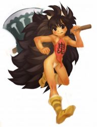 Rule 34 | 1girl, axe, big hair, boots, brown hair, chinese clothes, closed mouth, dudou, flat chest, horns, long hair, looking at viewer, maebari, nadeara bukichi, oboro muramasa, oni, rajaki (oboro muramasa), simple background, smile, solo, white background