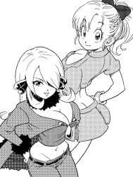 Rule 34 | 2girls, ass, breasts, bulma, butt crack, cleavage, creatures (company), crossover, cynthia (pokemon), dragon ball, dragonball z, game freak, grin, hair between eyes, hair over one eye, hand on own hip, highres, large breasts, looking at viewer, midriff, multiple girls, navel, nintendo, pink mousse, pokemon, pokemon dppt, ponytail, ribbon, skirt, smile, standing