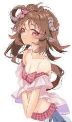 Rule 34 | 1girl, animal ears, antenna hair, arknights, arm garter, bare shoulders, bikini, bikini skirt, blush, breasts, brown hair, cleavage, closed mouth, eyjafjalla (arknights), eyjafjalla (summer flower) (arknights), flower, hair bun, hair flower, hair ornament, hair rings, highres, horns, long hair, looking at viewer, n4gare b0shi, pink bikini, red eyes, simple background, small breasts, smile, solo, swimsuit, twitter username, upper body, v arms, white background
