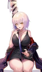 Rule 34 | absurdres, bad id, bad pixiv id, banner, breasts, cape, cleavage, coat, fate/grand order, fate (series), fur-trimmed coat, fur collar, fur trim, highres, huyou (awegk), jeanne d&#039;arc (fate), jeanne d&#039;arc alter (fate), jeanne d&#039;arc alter (ver. shinjuku 1999) (fate), jewelry, large breasts, necklace, official alternate costume, short hair, silver hair, sitting, tsurime, white background, wicked dragon witch ver. shinjuku 1999, yellow eyes