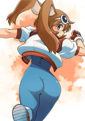 Rule 34 | 1girl, absurdres, animal ears, ass, blue bodysuit, blue eyes, blush, bodysuit, brown hair, commentary request, cropped jacket, fingerless gloves, from behind, gloves, goggles, goggles on head, gradient background, highres, jacket, leg up, looking at viewer, looking back, makihara arina, muramasa mikado, parted lips, rabbit ears, shoes, short hair, short sleeves, simple background, skin tight, sneakers, solo, unitard, waku waku 7