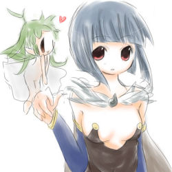 Rule 34 | 2girls, ahoge, alchemist, alchemist (ragnarok online), barefoot, blue hair, blunt bangs, bob cut, breasts, brown eyes, cape, center opening, cleavage, detached sleeves, dress, flat chest, fur trim, groin, heart, lif (lif &amp; ref), lif (ragnarok online), long hair, looking at another, looking at viewer, lowres, mini person, minigirl, multiple girls, no bra, no panties, parted lips, pointy ears, ragnarok online, red eyes, see-through, short hair, sideboob, simple background, size difference, sketch, sleeveless, sleeveless dress, white background, white dress