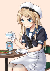 Rule 34 | 1girl, blonde hair, blue eyes, blue sailor collar, chair, cowboy shot, cup, dress, food, gloves, hat, jervis (kancolle), kantai collection, long hair, mayura (lucadia), pink background, sailor collar, sailor dress, sailor hat, sandwich, simple background, sitting, smile, solo, table, teacup, white dress, white gloves, white hat