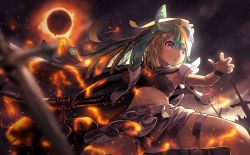 Rule 34 | 1girl, absurdres, amakawa hano, aqua hair, axe, belt, bettle (b s a n), blonde hair, blue eyes, blurry, blurry foreground, cape, clenched teeth, eclipse, fighting stance, flat chest, grey shorts, grey sky, hair ornament, hairclip, highres, holding, holding axe, long hair, midriff, multicolored hair, planted, planted sword, planted weapon, re:act, shorts, sky, solo, soot, star (symbol), star hair ornament, sword, teeth, thigh strap, two-tone hair, virtual youtuber, weapon, wristband