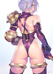 Rule 34 | 1girl, arm armor, armor, ass, backboob, bare back, bare shoulders, blue background, blue eyes, breasts, commentary request, cowboy shot, from behind, gradient background, grey hair, highres, isabella valentine, large breasts, leotard, looking at viewer, looking back, matsuda (matsukichi), purple hair, purple leotard, purple lips, purple thighhighs, short hair, shoulder armor, solo, soul calibur, standing, sword, thighhighs, thighlet, thighs, weapon, white background