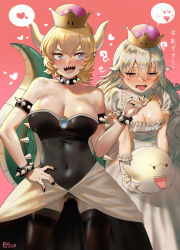 Rule 34 | 2girls, armlet, blonde hair, blue eyes, blush, boo (mario), bowsette, bracelet, breasts, bsue, cleavage, collar, crown, dress, fingernails, gluteal fold, heart, highres, horns, jewelry, large breasts, leotard, long hair, luigi&#039;s mansion, mario (series), multiple girls, new super mario bros. u deluxe, nintendo, pointy ears, princess king boo, red eyes, sharp fingernails, sharp teeth, short hair, signature, spiked armlet, spiked bracelet, spiked collar, spikes, super crown, teeth, translation request, white hair