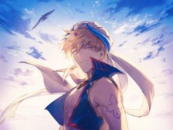 Rule 34 | 1boy, backlighting, bikkusama, blonde hair, closed mouth, day, earrings, fate/grand order, fate (series), gilgamesh, gilgamesh (caster) (fate), gilgamesh (fate), hair between eyes, hair ornament, hat, highres, jewelry, looking at viewer, male focus, outdoors, red eyes, smile, solo, upper body, white hat