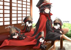 Rule 34 | 5girls, :d, architecture, black hair, black pants, black shirt, blush, cape, chibi, east asian architecture, family crest, fate/grand order, fate (series), hat, highres, japanese clothes, keikenchi (style), koha-ace, long hair, long sleeves, military, military hat, military uniform, multiple girls, multiple persona, o o, oda nobunaga (fate), oda nobunaga (koha-ace), oda uri, open mouth, pants, peaked cap, red cape, red eyes, revision, shirt, shunichi, sitting, smile, uniform, v arms