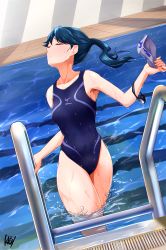 Rule 34 | 1girl, alternate costume, blue hair, blue one-piece swimsuit, closed eyes, commentary request, competition swimsuit, goggles, unworn goggles, highres, houshou (kancolle), kantai collection, long hair, mizuno (brand), one-piece swimsuit, ponytail, pool, pool ladder, soaking feet, solo, unworn swim cap, swimsuit, tadokoro nurikabe, water