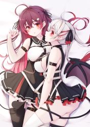 Rule 34 | 2girls, absurdres, ahoge, arm strap, asymmetrical docking, bare shoulders, black ribbon, black skirt, black thighhighs, blush, braid, breast press, breasts, crossed bangs, demon girl, demon tail, demon wings, detached wings, frilled skirt, frills, hair between eyes, hair ribbon, high-waist skirt, highres, large breasts, long hair, looking at viewer, lying, multicolored hair, multiple girls, nail polish, nyan (reinyan 007), on back, on bed, on side, original, parted lips, pointy ears, red eyes, red nails, ribbon, shirt, single thighhigh, skirt, streaked hair, tail, thigh strap, thighhighs, twintails, two side up, white hair, white shirt, white thighhighs, wings