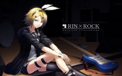 Rule 34 | 1girl, blonde hair, blue eyes, blue nails, bow, chain, character name, commentary request, dark background, guitar, hair bow, hair ornament, hairpin, hands on own knee, headphones, headphones around neck, highres, instrument, jacket, kagamine rin, legband, legs, looking at viewer, nail, nail polish, parted bangs, short hair, short shorts, shorts, sitting, solo, sugi 214, thigh strap, vocaloid