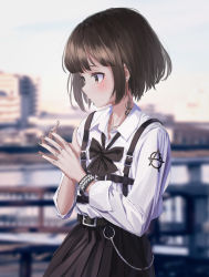 Rule 34 | 1girl, absurdres, bad id, bad twitter id, belt, black bow, black bowtie, black nails, black skirt, bow, bowtie, bracelet, brown eyes, brown hair, chain, city, collared shirt, cowboy shot, cross, cross necklace, day, earrings, finger tattoo, gishiki (gshk), highres, jewelry, looking to the side, medium hair, mole, mole under eye, nail polish, neck tattoo, necklace, original, outdoors, shirt, skirt, solo, spiked bracelet, spikes, suspenders, tattoo