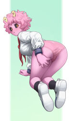 Rule 34 | 1girl, absurdres, all fours, ashido mina, ass, black sclera, boku no hero academia, colored sclera, highres, horns, kneeling, lentiyay, looking at viewer, open mouth, panties, pink hair, shirt, short hair, solo, thighs, underwear