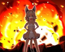 Rule 34 | :d, animal costume, animal ears, bow, bowtie, bright pupils, caracal (kemono friends), debris, explosion, fang, fiery background, fire, hands on own hips, headset, highres, kemono friends, kemono friends v project, microphone, open mouth, skirt, smile, tail, virtual youtuber, white pupils