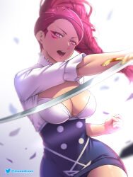 Rule 34 | 1girl, angry, arms up, artist name, breasts, cleavage, clenched hand, commentary, english commentary, etchimune, fire emblem, fire emblem: three houses, garreg mach monastery uniform, high-waist skirt, holding, holding sword, holding weapon, large breasts, looking at viewer, medium breasts, miniskirt, nintendo, open mouth, pencil skirt, petra macneary, ponytail, skirt, sword, underbust, weapon