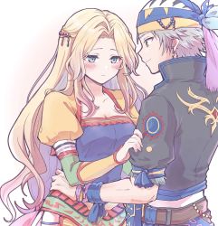 Rule 34 | 1boy, 1girl, amano yoshitaka design, blonde hair, blue eyes, blush, breasts, brown eyes, celes chere, cleavage, couple, cropped jacket, earrings, final fantasy, final fantasy vi, hair ornament, hand on another&#039;s arm, hand on another&#039;s hip, highres, jewelry, locke cole, long hair, long sleeves, medium breasts, multicolored clothes, multicolored headwear, pan ff6, parted bangs, puffy sleeves, short sleeves, sidelocks, upper body, wavy hair