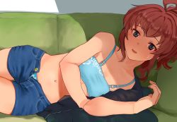 Rule 34 | 1girl, ahoge, alternate costume, alternate hairstyle, arashi (kancolle), bikini, bikini under clothes, blue bikini, blue eyes, blue shorts, breasts, commentary request, cowboy shot, denim, denim shorts, floral print, kantai collection, looking at viewer, lying, on side, open fly, ponytail, red hair, short hair, shorts, small breasts, solo, swimsuit, tooku nomura (artist)