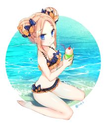 Rule 34 | 1girl, abigail williams (emerald float) (fate), abigail williams (fate), bare arms, bare legs, bare shoulders, barefoot, bendy straw, bikini, black bikini, black bow, blonde hair, blue eyes, blush, bow, breasts, cherry, collarbone, commentary request, dated, day, double bun, drinking straw, emerald float, fate/grand order, fate (series), feet, food, fruit, hair bow, hair bun, holding, ice cream, jin young-in, long hair, looking at viewer, ocean, official alternate costume, orange bow, outdoors, parted bangs, parted lips, polka dot, polka dot bow, side bun, sidelocks, small breasts, solo, swimsuit, water
