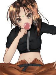Rule 34 | 1girl, animification, apex legends, bad id, bad pixiv id, belt, black belt, breasts, brown eyes, brown hair, brown pants, brown shirt, chewing gum, clenched hand, eyebrow cut, hand on own knee, head tilt, medium breasts, midriff, navel, pants, rampart (apex legends), shirt, solo, white background, yuito nineteen