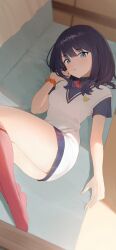 Rule 34 | 1girl, absurdres, black hair, blue eyes, blush, bow, bowtie, breasts, commentary request, dot nose, gridman universe, gridman universe (film), highres, indoors, long hair, looking at viewer, lying, medium breasts, medium hair, microskirt, no shoes, official alternate costume, on back, orange scrunchie, parted lips, pleated skirt, red bow, red socks, school uniform, scrunchie, simple background, skirt, socks, solo, takarada rikka, tappy okamura, thighs, wrist scrunchie