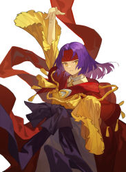 Rule 34 | 1girl, absurdres, arm up, bow, collared shirt, dress, fire emblem, fire emblem: path of radiance, fire emblem: radiant dawn, headband, highres, hime cut, long hair, long sleeves, looking at viewer, nintendo, oversized clothes, purple hair, robe, sanaki kirsch altina, serious, shirt, simple background, solo, white background, wide sleeves, yellow eyes, yuissad