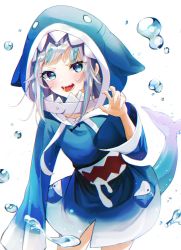 Rule 34 | 1girl, absurdres, animal costume, animal hood, blue eyes, blue hair, blue hoodie, blush, bubble, claw pose, cowboy shot, dasha, fins, fish tail, gao, gawr gura, gawr gura (1st costume), grey nails, highres, hololive, hololive english, hood, hood up, hoodie, long hair, long sleeves, looking at viewer, multicolored hair, nail polish, open mouth, shark costume, shark girl, shark hood, shark tail, sidelocks, silver hair, simple background, sleeves past wrists, solo, streaked hair, tail, teeth, virtual youtuber, white background