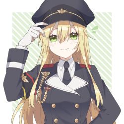 Rule 34 | &gt;:), 1girl, arm up, black hat, black jacket, black necktie, blonde hair, blush, breasts, closed mouth, collared shirt, commentary, diagonal bangs, girls&#039; frontline, gloves, green eyes, hair between eyes, hand on headwear, hat, highres, jacket, long hair, long sleeves, looking at viewer, medium breasts, necktie, notice lines, peaked cap, shirt, smile, solo, stg44 (girls&#039; frontline), striped, striped background, upper body, v-shaped eyebrows, very long hair, vkm (pvkm26), white gloves, white shirt