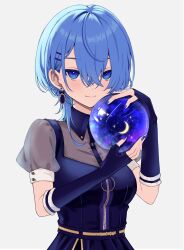 Rule 34 | 1girl, black shirt, blue eyes, blue gloves, blue hair, blue nails, blush, closed mouth, costume request, crystal ball, earrings, elbow gloves, fingerless gloves, gloves, hair between eyes, haruwo, highres, holding, hololive, hoshimachi suisei, jewelry, looking at viewer, official alternate costume, see-through, see-through sleeves, shirt, short sleeves, solo, standing, upper body, virtual youtuber, white background, wolf cut