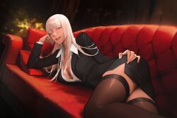 Rule 34 | 1girl, absurdres, blue eyes, blunt bangs, breasts, cleavage, collared shirt, couch, hand on own hip, head on hand, head rest, highres, jormungand (manga), koko hekmatyar, limart, long hair, long sleeves, looking at viewer, lying, no bra, office lady, on side, pencil skirt, pillow, shirt, skirt, solo, thighhighs, white hair, white shirt