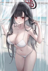 Rule 34 | 1girl, alternate costume, at congju, bikini, black hair, blue archive, blush, breasts, cleavage, collarbone, curtains, feet out of frame, halo, halterneck, highres, indoors, large breasts, long hair, looking at viewer, navel, red eyes, rio (blue archive), solo, stomach, straight hair, string bikini, swimsuit, thigh gap, very long hair, white bikini