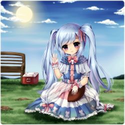 Rule 34 | 1girl, animal print, ball, bench, blue dress, blue hair, blue sky, blush, bow, bowtie, box, cat print, choker, day, dress, frills, gloves, grass, hair ribbon, highres, midna01, mud, original, outdoors, parted lips, purple eyes, ribbon, rugby ball, see-through, short sleeves, sky, smile, solo, sun, twintails, waving, white gloves, wrist cuffs