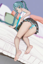 Rule 34 | aruman, ass, barefoot, bed, blue eyes, blue hair, blush, feet, from behind, hatsune miku, highres, long hair, looking back, panties, skirt, smile, soles, striped clothes, striped panties, toes, twintails, underwear, vocaloid