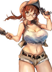 Rule 34 | 1girl, baseball cap, breasts, brown eyes, brown hair, commentary, cowboy shot, explosive, fio germi, glasses, grenade, gun, hand grenade, hat, hatano kiyoshi, holding, holding gun, holding weapon, large breasts, long hair, looking at viewer, metal slug, midriff, navel, open clothes, open vest, ponytail, short shorts, shorts, simple background, solo, stick grenade, stielhandgranate, tank top, vest, weapon, white background