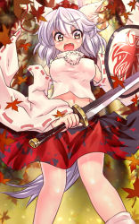 Rule 34 | 1girl, animal ears, autumn leaves, bare shoulders, blush, breasts, detached sleeves, fangs, hat, highres, inubashiri momiji, large breasts, leaf, leaf background, looking at viewer, midriff, navel, open mouth, pom pom (clothes), ribbon-trimmed sleeves, ribbon trim, shield, short hair, silver hair, solo, sword, tail, tokin hat, touhou, volcano (artist), volcano (liao), weapon, wolf ears, wolf tail, yellow eyes